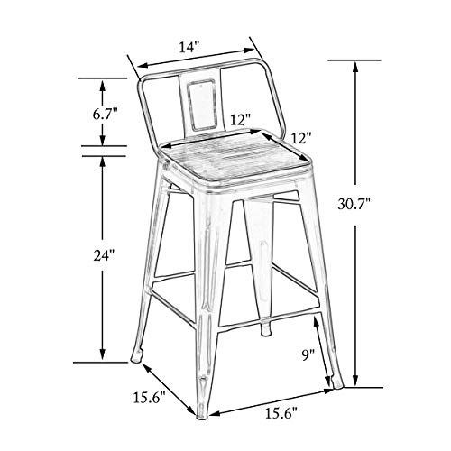 Modern Industrial Metal Bar Stool Counter Height Stools [Set of 4] Stackable Dining Chair (24\", Low Back White Wooden Seat) - Thumbnail 6