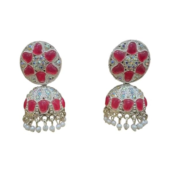 Women's Sparkling Pink Silver Polished Jhumka Traditional Kundan Chandbali Earrings Indian Jhumka Studded Drop Earrings for Women Classic Earrings 1 Pair