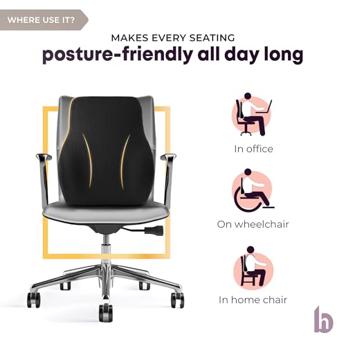 Image of betterhood PosturePro Premium Back Support Cushion for Office Chair and Car Seat | High Density 100% Memory Foam, Cotton Cover | Large Size | Orthopedic Ergonomic Lumbar Backrest for Back Pain (Black)