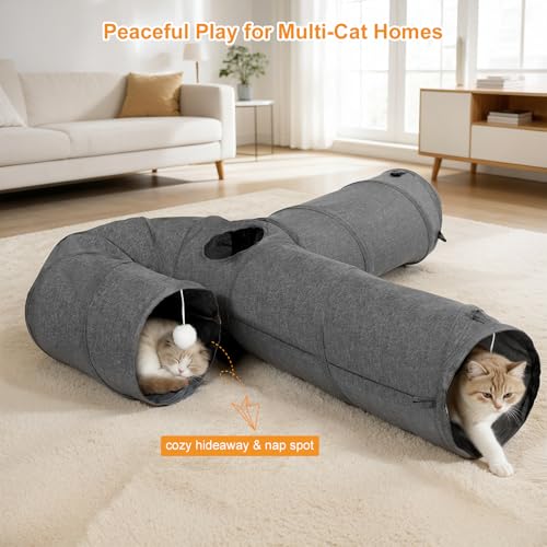 Image of Ownpets Cat Tunnel Large 3 Way Collapsible Cloth Pet Tunnel Tube with Plush Ball & Feather Toy, U-Shaped Cat Play Tunnel for Indoor Cat, Puppy, Kitty, Kitten, Rabbit(Gray)