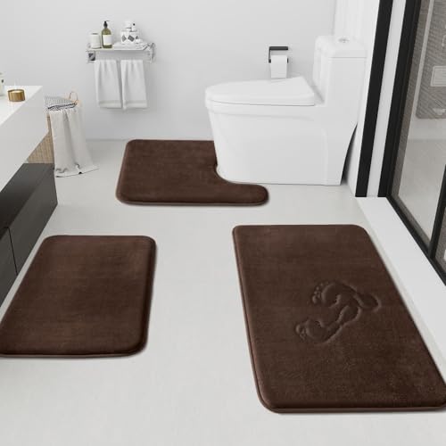 HUXMEYSON Bathroom Rugs Sets 3 Piece Non-Slip & Quick Dry Bath Mat Set Ultra Soft Velvet Bath Rugs for Bathroom Toilet and Shower Floor Brown