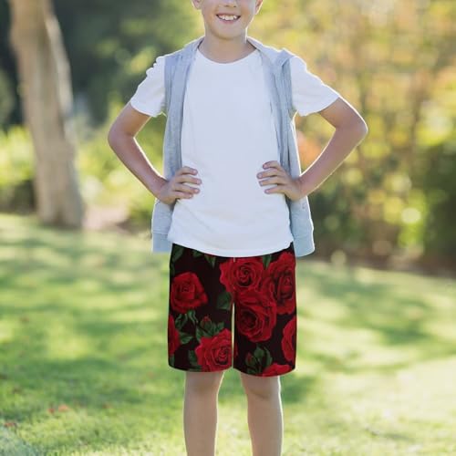 Red Rose Flower Black Teen Boy's Summer Beach Shorts Quick Dry Swim Trunks Running Sports Shorts3