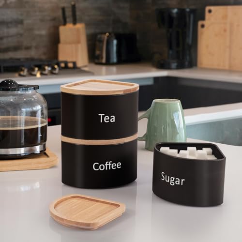 EHC Tea Coffee Sugar Canister Set, Set of 3 Stackable Kitchen Canisters Sets, Airtight Jars Easy Open Corner Space Saving Design, Black - Cosy Home Interiors EHC Tea Coffee Sugar Canister Set, Set of 3 Stackable Kitchen Canisters Sets, Airtight Jars Easy Open Corner Space Saving Design, Black - Image 3
