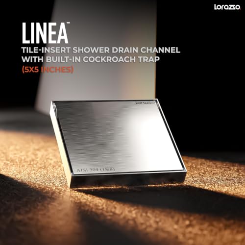 Image of Lorazzo Linea Tile-Insert Shower Drain Channel 5x5 Inch | Built-in Cockroach Trap | SS304 Stainless Steel | Silver Finish | Bathroom Shower Floor Drain | 10 Year Warranty