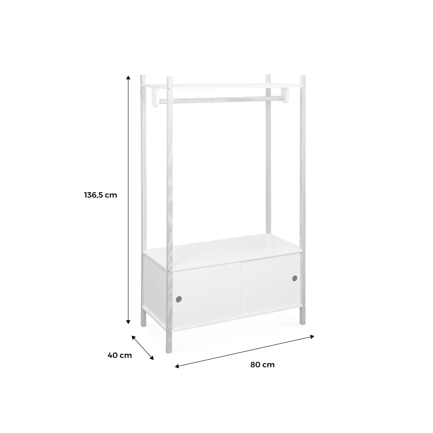 Alice's Home - Penderie pour Enfants - Tobias - Deux Portes coulissantes et Portant Bois Massif en pin Naturel Blanc. 80X40X136.5CM