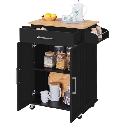 Yaheetech Carrello da Cucina con Ruote Cassetto a 2 Ante Piano di Lavoro Carrellino Salvaspazio con Portasciugamani e Portaspezie Moderno Porta Microonde 91,5 x 66 x 45,5 cm Nero