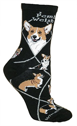 Pembroke Welsh Corgi on Black Ultra Lightweight Stretch Cotton Crew Socks One pair, One Size Fits Most (Womens 9-11)