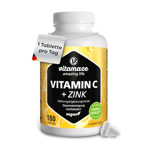 Vitamin C hochdosiert 1000 mg + Zink, vegan & optimal bioverfügbar, 180 Tabletten für 6 Monate, Natürliche Nahrungsergänzung ohne unnötige...