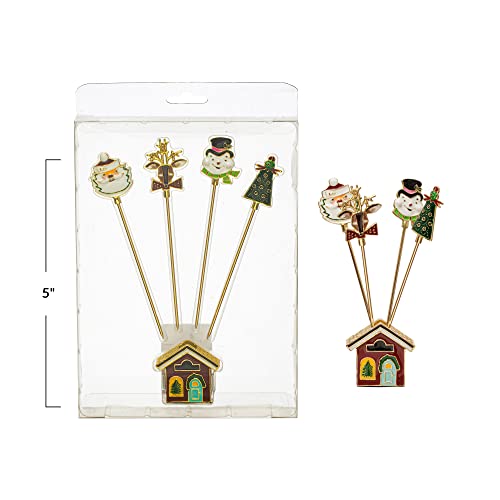 Enameled Christmas Icons in House Shaped Holder, Multi Color, Set of 5 ©
