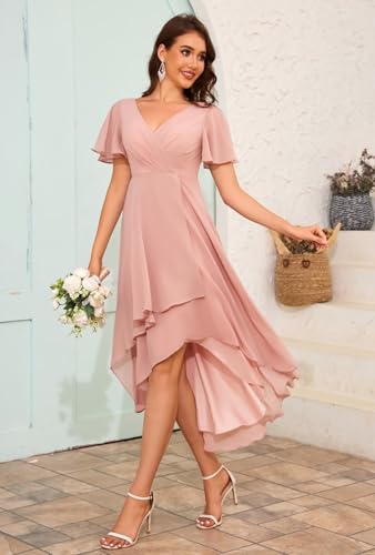 Short Bridesmaid Dresses Chiffon A Line Flutter Sleeve High Low Ruched Bust Wedding Guests Formal Evening Party Gown3