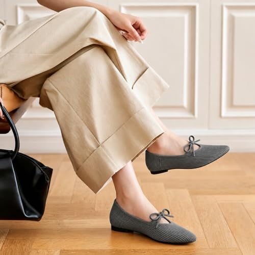 Image of TINGRISE Women's Pointed Toe Flats Comfortable Knit Ballet Shoes Washable Dressy with Bow Business Casual Work Shoes