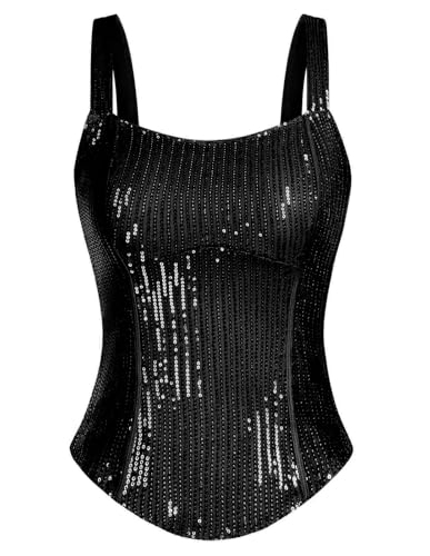 Women Bustier Corset Top Sexy Slim Tank Top Black Sequin Summer Sleeveless Party M