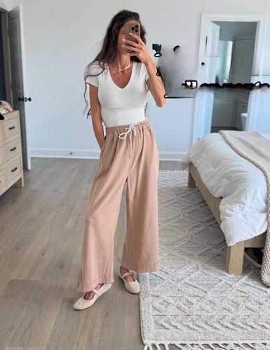 Image of Athlisan Womens Baggy Wide Leg Palazzo Pants Casual Loose Drawstring Elastic Waisted Lounge Trousers with Pockets