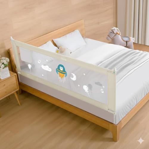 Image of SAFE-O-KID 1 Side Bed Rail (6 Ft /182 cm) with 1-Year Warranty | Bed Railing for Baby Safety |Adjustable Height & Portable | Bed Protector for Baby Falling - Beige