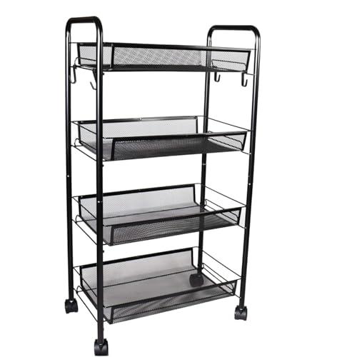 Easy Shopping® 4 Tier Metal Multipurpose Wheeled Storage Basket Trolley Utility Cart - Black for Kitchen, Office, Bathroom and Bedroom
