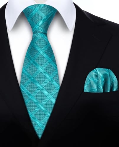 Image of HISDERN Ties for Men Plaid Checkered Tie with Pocket Square Woven Business Formal Necktie Handkerchief Set Wedding Party
