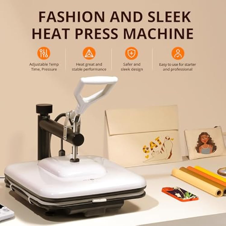HTVRONT 15x15 Heat Press Machine, 3pcs Teflon Sheets, 2 Rolls HTV Vinyl, Tshirt Ruler Guide