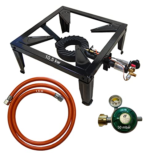 Gaskocher 10,5 kW – 4-Fuß Hockerkocher mit Gussbrenner, 1,5 m Schlauch, 50 mbar Druckregler...