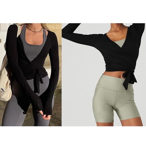 Women's Yoga Shirts Wrap Ruched Tie Front Long Sleeve Workout T Shirts Sexy Deep V Neck Slim Fit Casual Cropped Top3