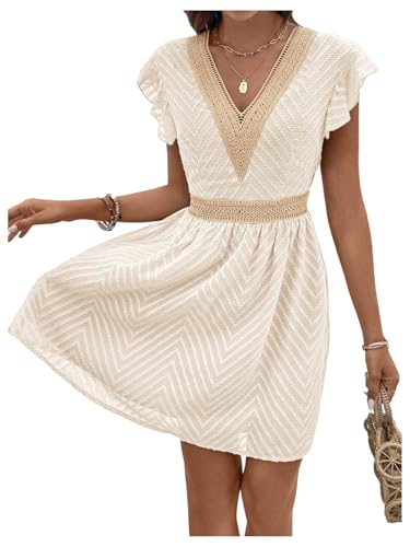 MakeMeChic Women's Contrast Lace Short Dress Ruffle Cap Sleeve V Neck Summer Boho A Line Dresses