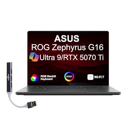 Image of ASUS ROG Zephyrus G16 AI Gaming Laptop 16.0" 240Hz OLED WQXGA Display (Intel Ultra 9-285H, GeForce RTX 5070 Ti 12GB, 32GB LPDDR5X, 1TB SSD, RGB KB, Win 11 Home) w/DKZ USB Port Expander
