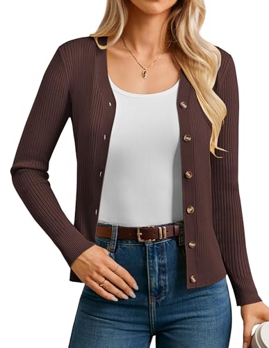 GRACE KARIN Brown Cardigan Sweaters for Women Trendy 2026, Long Sleeve Button Up Jacket, V Neck Casual Ribbed Knit Top L