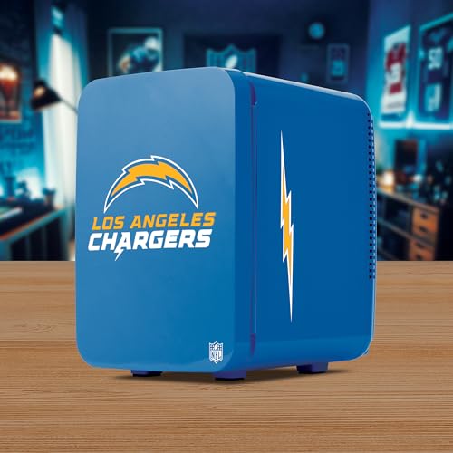 Image of Ukonic NFL Los Angeles Chargers 15-Can Mini Fridge 10L - AC /DC Powered, Official Team Colors & Logo, Portable Cooler for Tailgates, Home, Office, or Car