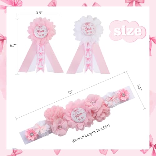 Image of Pink Bow Gender Reveal Maternity Sash Kit, Pink Baby Shower Belly Belt and Mom to Be Dad to Be Corsage Pins, New Parent Pregnancy Announcement Photo Props Party Supplies