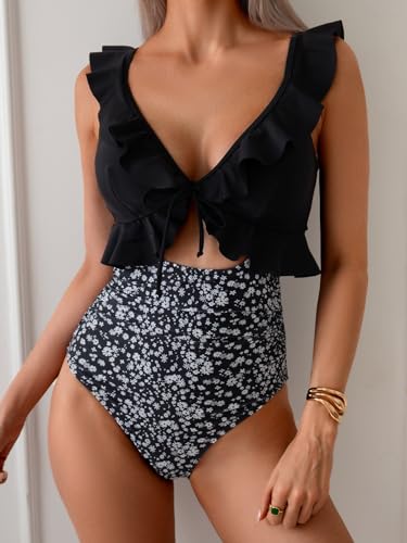 Image of Eomenie One Piece Swimsuit for Women Tummy Control Ruffle Bathing Suit V Neck Ruched Swim Suit Slimming Cutout Swimwear