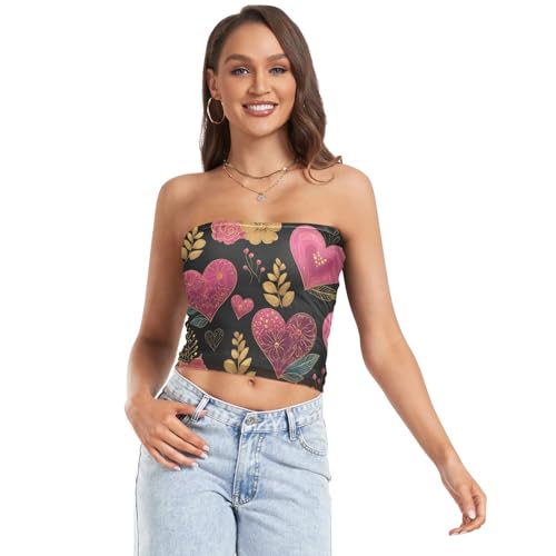 EtherSpher Luxurious Heart-Shaped Mathers' Day Flower Fashion Women's Strapless Crop Tops Tub Top Bra for Teen Girls Party, Luxurious Heart-shaped Mathers' Day Flower, Large