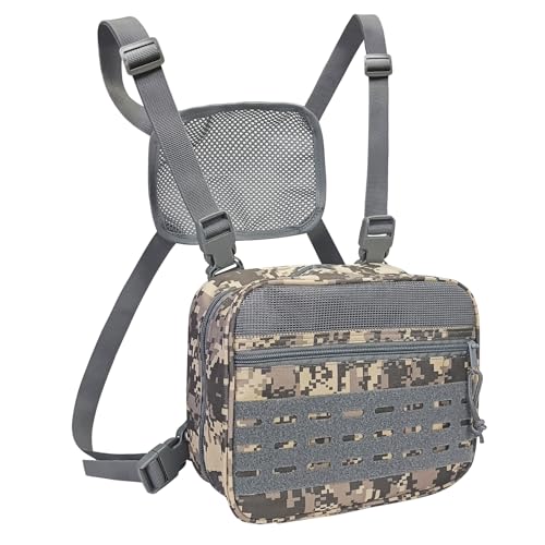 SUNRISING Tactical Chest Rig Bag Modular Tool Bag Tactical Molle Management Bag Detachable Magazine Pouches Plate with Strap Large Capacity Men's Chest Bag for Hunting Running Fly Fishing Grey Camou