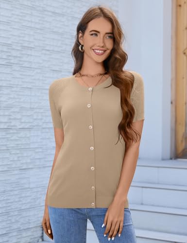 FreshNight Women's 2025 Short Sleeve Cardigan Button Up Hollowed Out Crewneck Shrug Sweaters Knit Sweater Tops Lightweight2