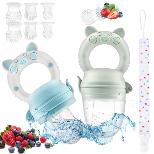 Fruchtsauger Baby, 2 Stück Obstschnuller mit 6 Sauger(3 Größen) und Schnullerkette, 8 Silikon Schnuller zum Befüllen von Obst, Babynahrung, BPA-Frei Zahnungshilfe für Babys ab 4 Monate+ Fruchtsauger Baby, 2 Stück Obstschnuller mit 6 Sauger(3 Größen) und Schnullerkette, 8 Silikon Schnuller zum Befüllen von Obst, Babynahrung, BPA-Frei Zahnungshilfe für Babys ab 4 Monate+