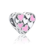 A1454 - Abalorio para pulseras europeas con forma de corazón, color plateado, color rosa y blanco, 1 unidad