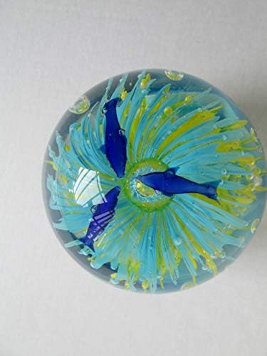 Glass Fish Tank Sphere with Sea Dolphins Paperweight,scupture, Glow in The Dark,Aqua Color