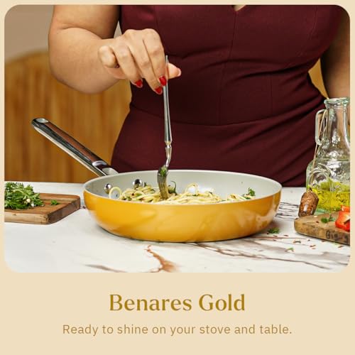 Image of Ember Cookware Arcilla Ceramic Frying Pan 24cm | Non Stick Induction Cookware | Non Toxic Pan | ISI Certified | Ceramic Fry Pan for Cooking | Steel Handle | 5-Year Warranty | Benares Gold