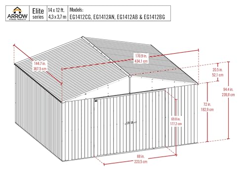 Image of Arrow Shed Elite 14' x 12' Tall Outdoor Steel Storage Shed with High Gable and Lockable Doors Storage Building, Blue Grey