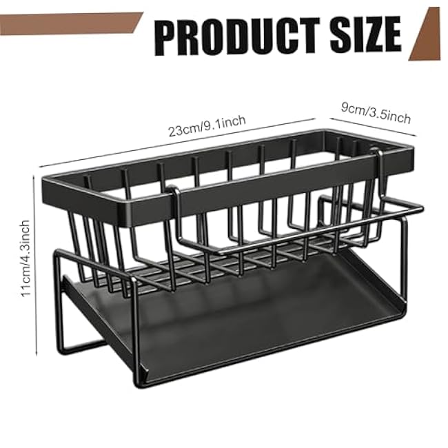 Sink Caddy with Auto Draining Tray Steel Kitchen Sink Organizer with Dish Cloth Hanger for Countertop Black