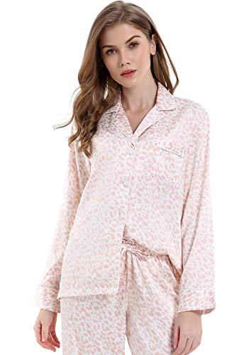 Image of Serenedelicacy Women's Satin Pajama Set Long Sleeve Button Down Sleepwear 2-Piece Silky Pj Set