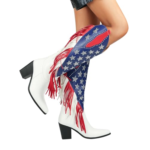 DETOGNI Women's Fringes American Flag Mid-Calf Western Boots Sparkling Stars Rhinestones Tassels Chunky Heels Cowboy Boots3