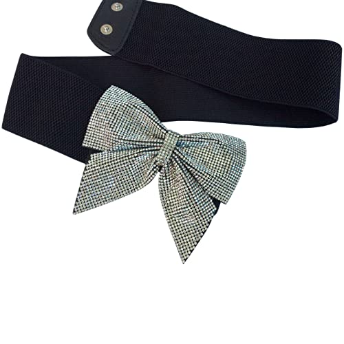 Bling Stretchy Belts for Women Elastic Wide Rhinestone Bow Waist Band for Dress Accessory4
