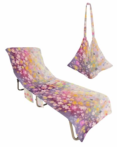 Spring Floral Beach Lounge Chair Towel Cover, Soft Chaise Lounge Towel with Side Pockets Patio Pool Chairs Cover for Beach/Pool Sunbathing 29x85 Modern Oil Painted Daisy Botanical Elegant