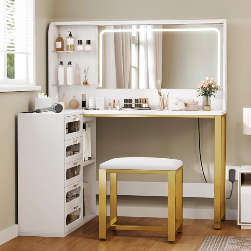 DWVO Vanity Desk with Drawers & LED Lighted Mirror 3 Lighting Mode & 48" L Shaped Corner White Vanity Set with Stool, 5 Acrylic Drawer Cabinet, Stylish Bedroom Makeup Table Set, White