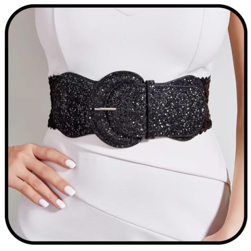 Women Wide Belt for Dress Sequins Elastic Waist Belts Glitter Ladies Stretchy Waistband