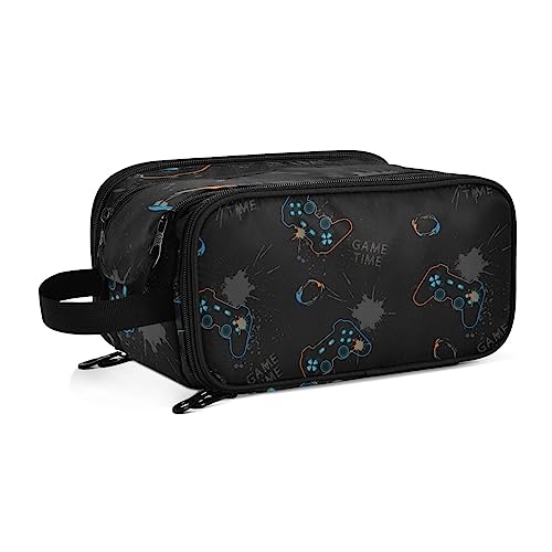 Seamless Video Game Gamepad Joysticks in Black Blue Neon on Black Women's Portable Makeup Bag with Handle, Cosmetic Bag, Travel Cosmetic Bag Durable Toiletry Storage Organizer 11 x 7 x 5.7 inch