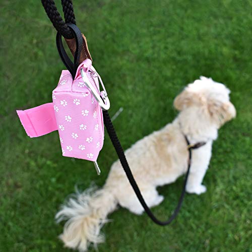 Doggie Walk Bags Pink Paw Dog Poop Bag Dispenser – Durable Waterproof Fabric Waste Bag Holder With Carabiner Clip And Strap For Leash – Tie Handle Roll Doggy Bags – Includes 12 Bags #TOP1