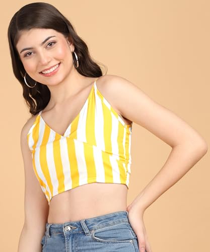 Image of POPWINGS Women Casual Blue & White Stripe Print Strap Crop Top | Women Sleeveless Top | Women Trendy Top