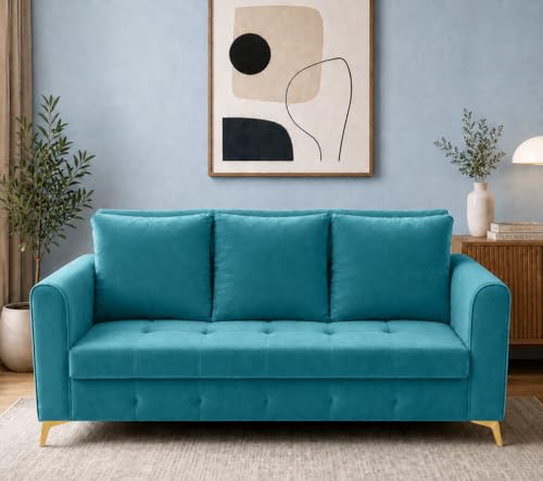 Image of Adorn India Premium Mystic - 3 Years Warranty - 3 Seater Sofa Cum Bed Velvet Suede Fabric - Aqua Blue