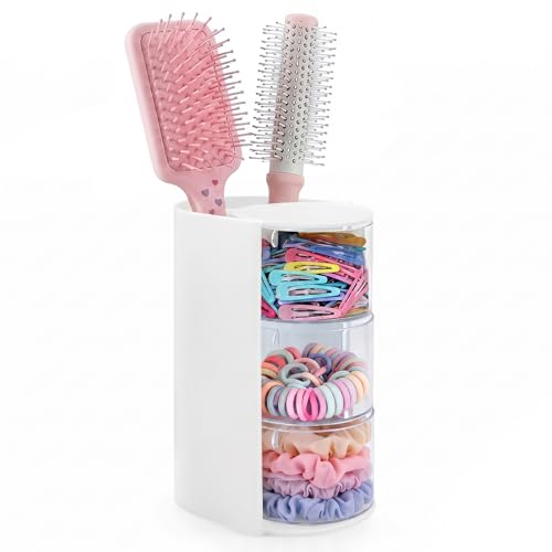 Image of neotidy Hair Accessories Organizer with Hair Brush Holder, Rotating Hair Tie Product Organizer for Girls, 3-Tier Makeup Brush Holder for Clips, Bows & Brushes (White, 3-Tier)