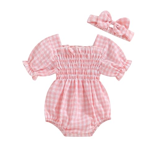 Infant Baby Girls Romper Ruffle Sleeve Pleated Smocked Bubble Plaid One Piece Ruched Jumpsuit Summer Bodysuit (Pink-plaid, 12-18 Months)